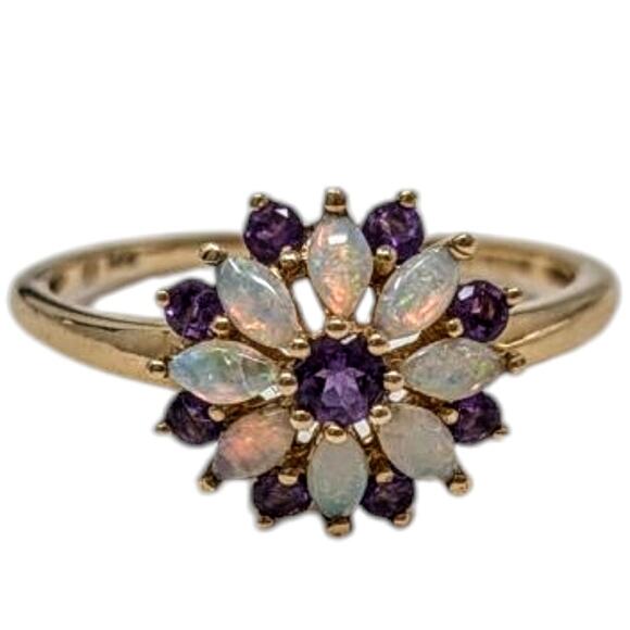 Vintage Jewelry - 14K Yellow Gold Opal Amethyst Flower Cluster Ring Size 8.5 2.49g Estate Jewelry